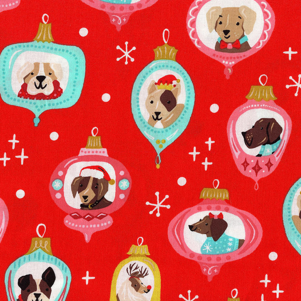 FURRY AND BRIGHT: Red Christmas Bells Dog Cameos by Andover Fabrics