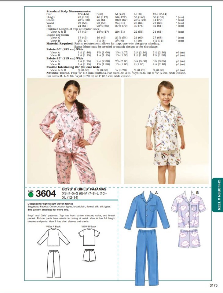 Kwik Sew Boys and Girls Pajamas Pattern 3604