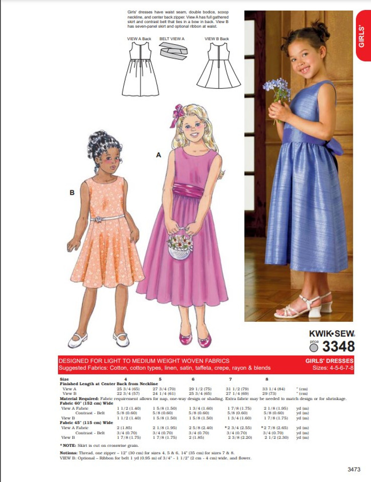 Kwik Sew Girls Dresses Pattern 3348, sizes 4 to 8