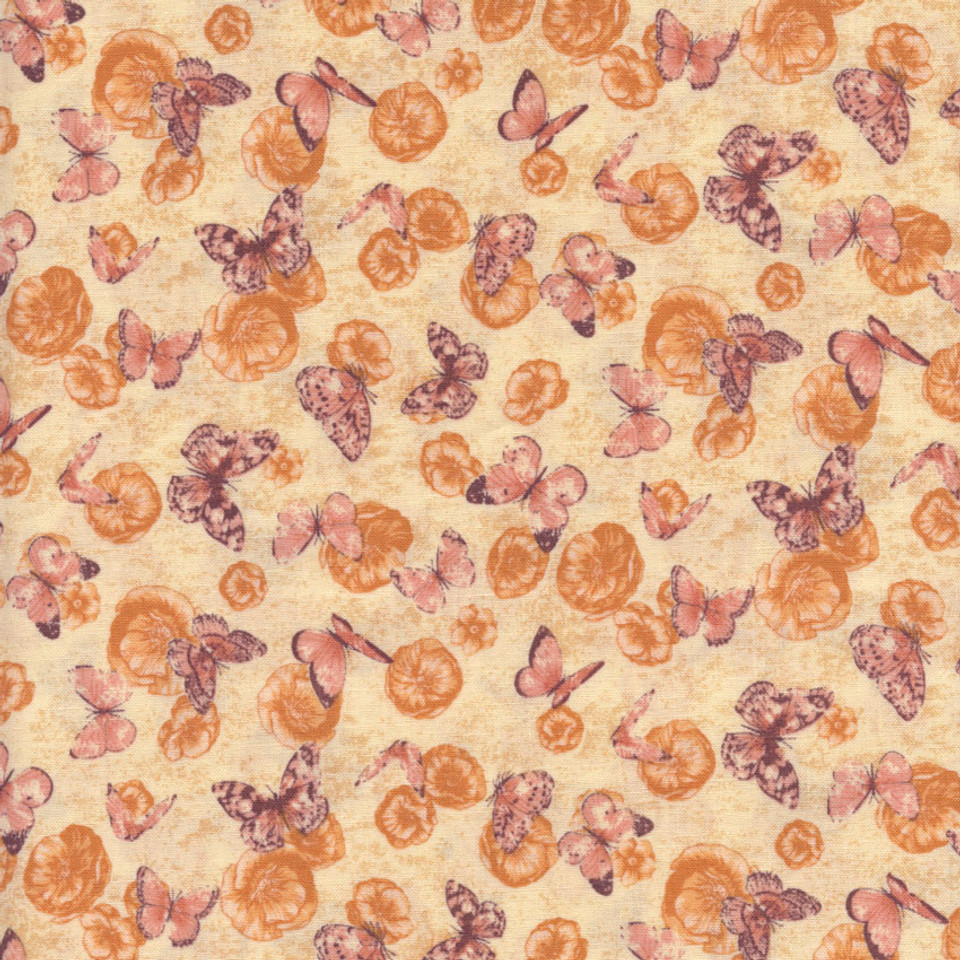 ROMANTIC GARDEN: Pink Butterflies with Orange Flowers on Tan ROMANTIC GARDEN: Pink Butterflies with Orange Flowers on Tan