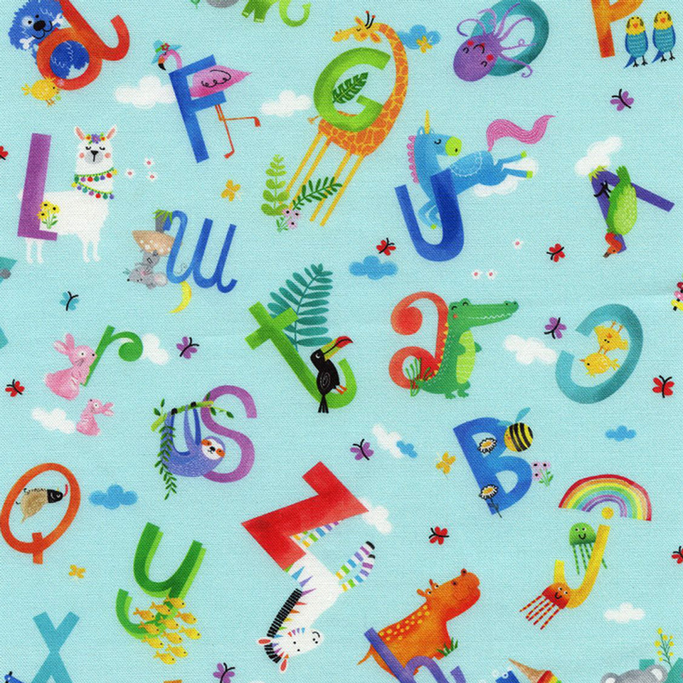 Wee Ones Animal Alphabet Tossed on Aqua, SKU # 59-6921 by Oasis Fabrics Wee Ones Animal Alphabet Tossed on Aqua, SKU # 59-6921 by Oasis Fabrics