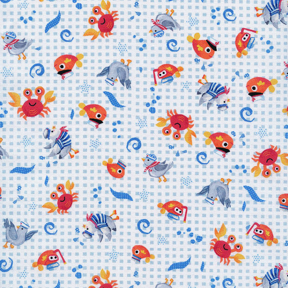 Baby Beluga Character Toss on Lt. Blue Checkerboard by P&B Textiles, SKU #04682-MU Baby Beluga Character Toss on Lt. Blue Checkerboard by P&B Textiles, SKU #04682-MU
