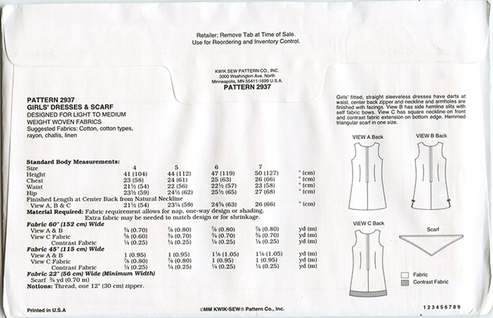 Kwik Sew Girls Dresses & Scarf Pattern 2937 sizing and yardage requirements