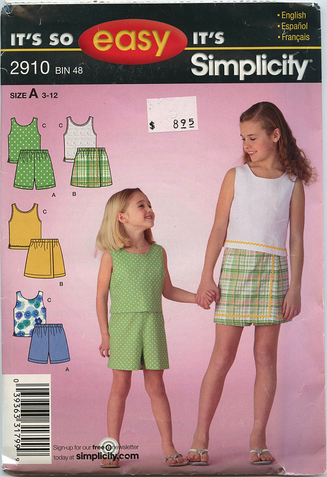 Simplicity 2910 Misses Sleeveless top, shorts, and skort Simplicity 2910 Misses Sleeveless top, shorts, and skort