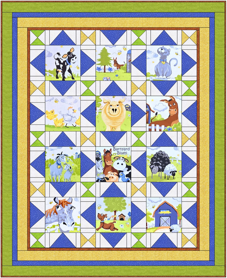 Barnyard Animals Say So Quilt Kit made with Barnyard Blue Panel by Clothworks, SKU #KIT-35402
