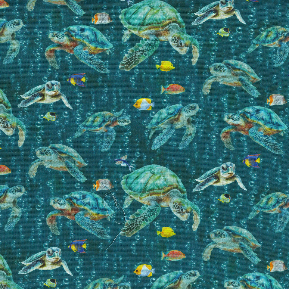 Benartex UNDER THE SEA by Skyline Studio - Sea Turtles Swim on Dark Teal Cotton Fabric, SKU #16530-85