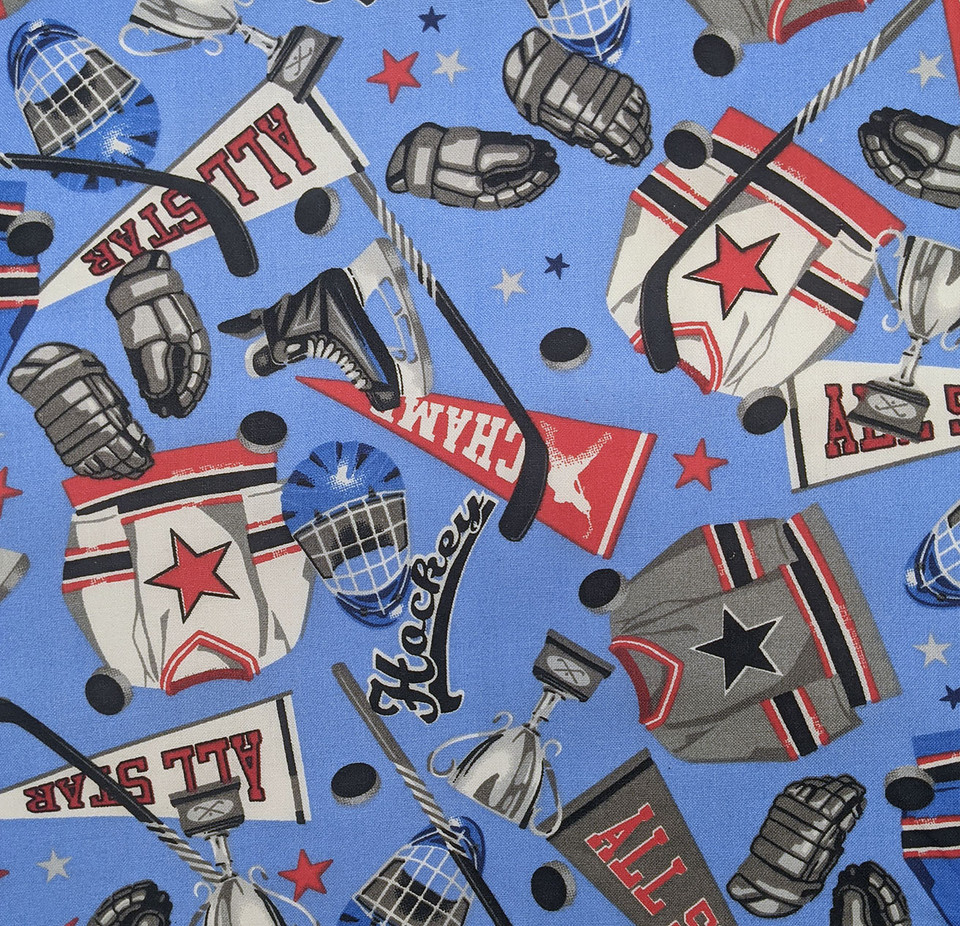 Hockey Champs Cotton Woven Fabric on Blue by Mook Fabrics