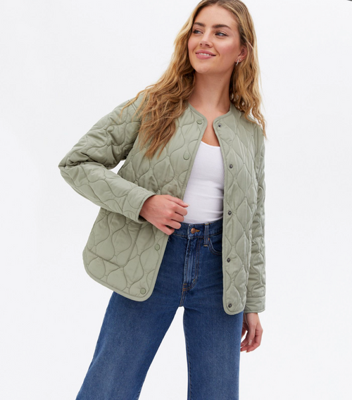 Khaki Quilted Collarless Jacket