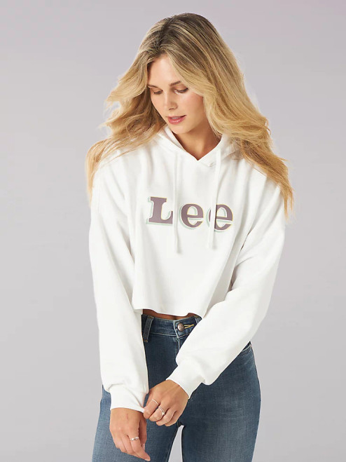 Women's Heritage Cropped Lee Logo Graphic Hoodie in Bright White