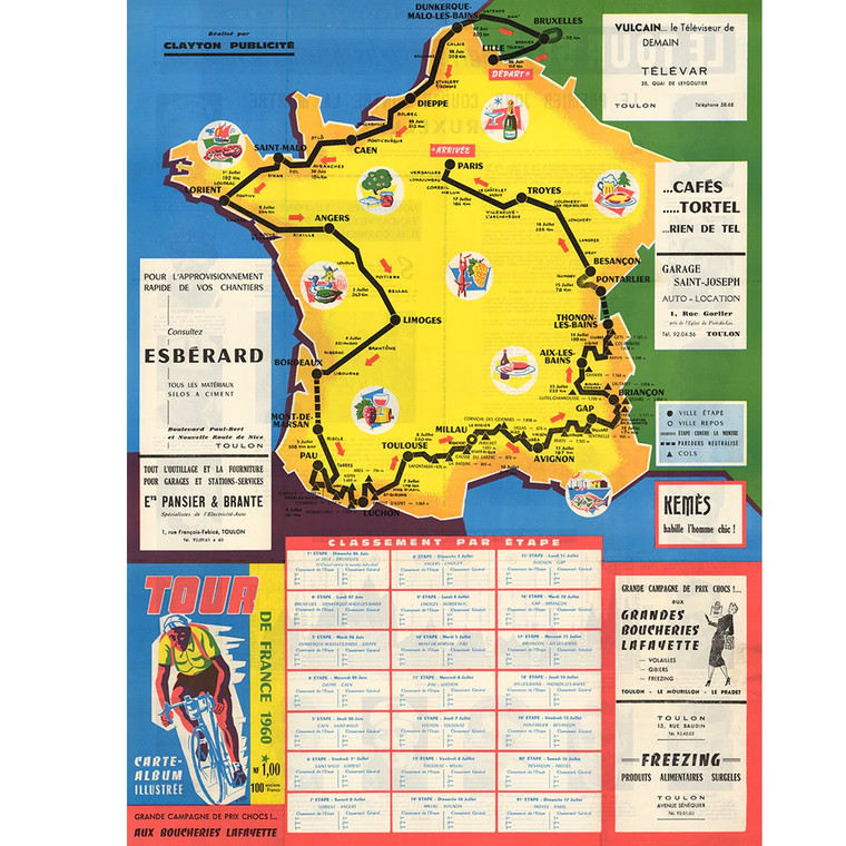 1960 Tour de France (TDF) Route Map Poster BoyerCycling