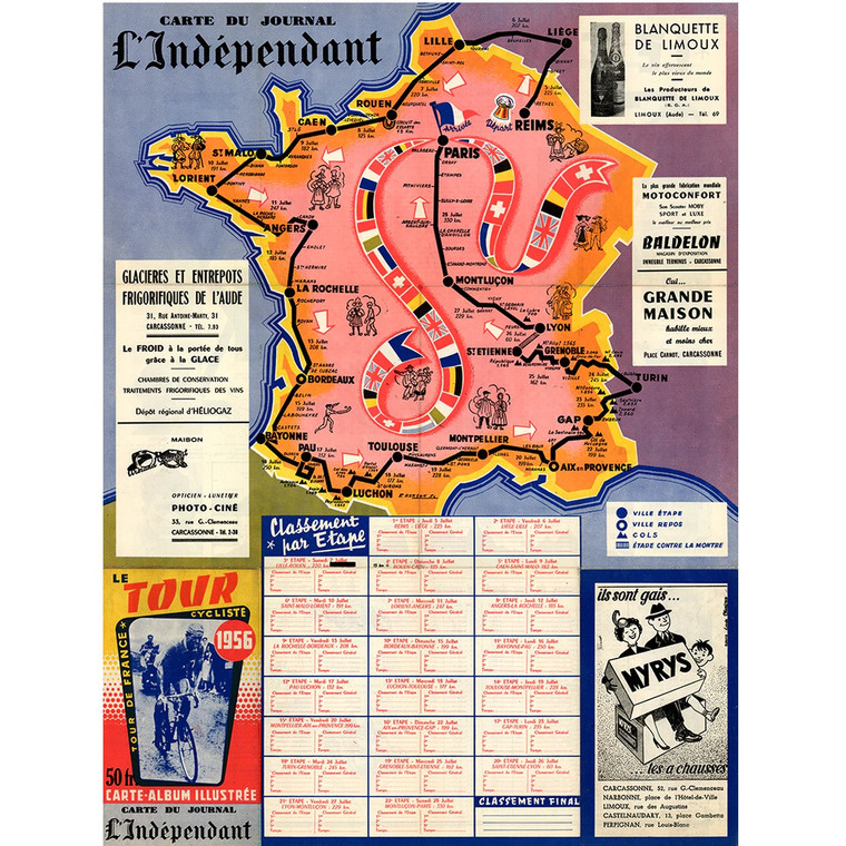 1956 Tour de France (TDF) Route Map Poster BoyerCycling