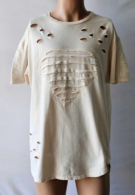 Krome Men’s XL Distressed Cream T-Shirt – Cut Out Slash Design