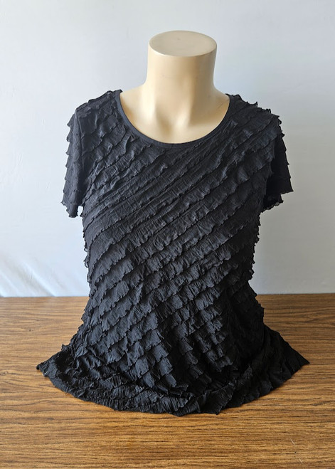 Elementz women’s black textured ruffle top, size Medium. Stylish asymmetrical hem, perfect for dressy or casual looks.