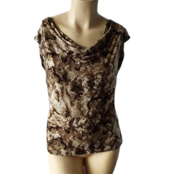 Soft, abstract-patterned Adrienne Vittadini cowl neck top in rich brown tones. Stylish, gently used, and perfect for fall layering. Soft, abstract-patterned Adrienne Vittadini cowl neck top in rich brown tones. Stylish, gently used, and perfect for fall layering.