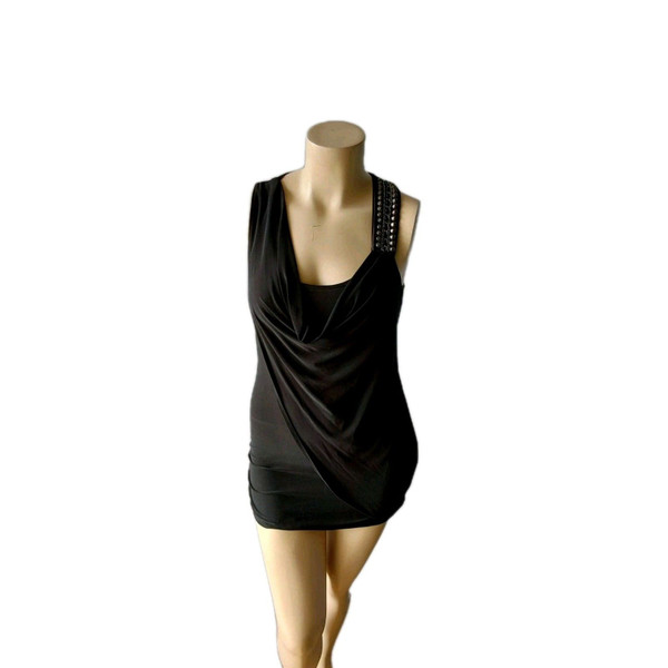 Bold and beautiful. This Dots black bodycon mini dress in size L features rhinestone straps, a draped front, and a racerback design. Stretch fit and ready to stun.