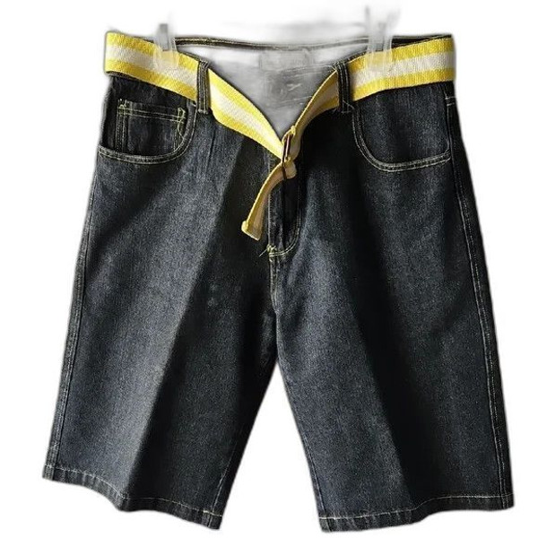 Men’s Tool Jeans dark denim shorts with yellow web belt and contrast stitching. Pre-owned with a visible mark on front leg. Priced to reflect condition.