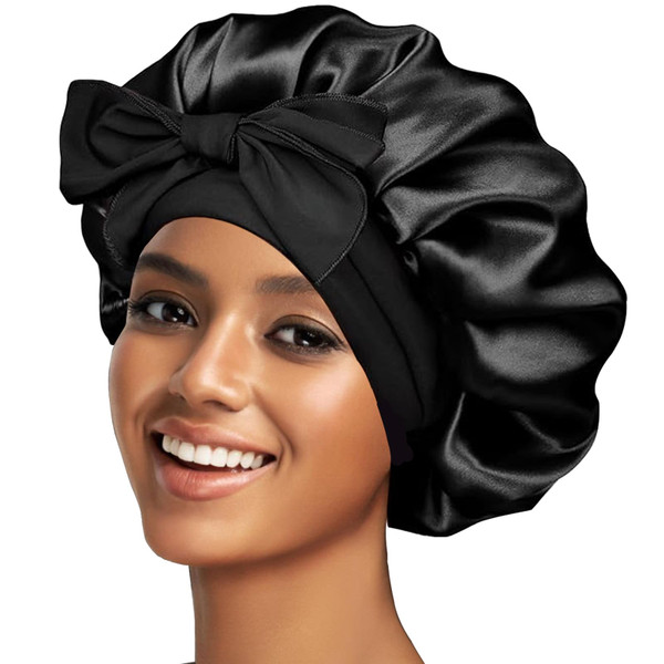 Silk Bonnet Satin Bonnet for Sleeping Large Bonnets with Tie Band Hair Wrap with Adjustable Straps Hair Cap for Women Curly Black - 1764358097