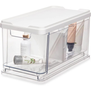 iDesign The Sarah Tanno Collection Clear/White Medium Stacking Cosmetic Drawer Organizer with Lid and Divider - 95433 iDesign The Sarah Tanno Collection Clear/White Medium Stacking Cosmetic Drawer Organizer with Lid and Divider - 95433