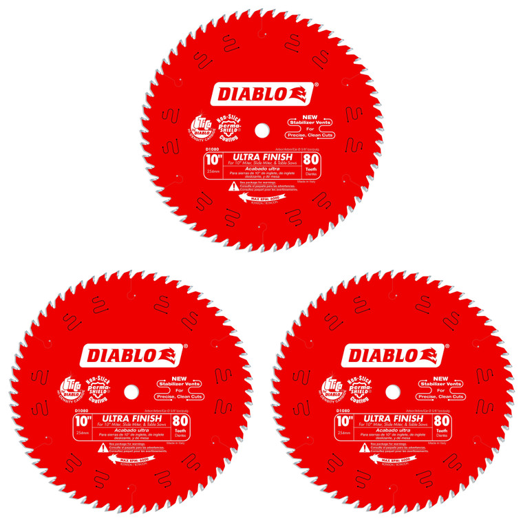 Diablo Genuine 3 Pack of 10 in. X 80 Tooth Ultra Finish Saw Blade D1080X-3PK