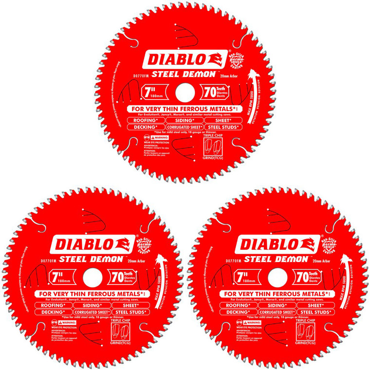Diablo 3 Pack of 7-1/4 in. X 70 Tooth Steel Demon Saw Blade For Metal (20mm Arbor) D0770FM-3PK