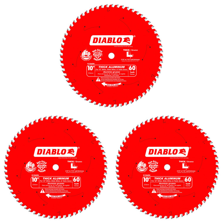 Diablo Genuine 3 Pack of 10 in. X 60 Tooth Thick Aluminum Cutting Saw Blade D1060N-3PK