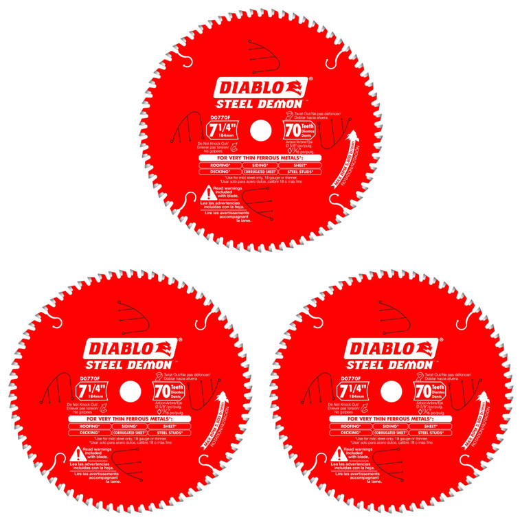 Diablo 3 Pack of 7-1/4 in. X 70 Tooth Steel Demon Carbide-Tipped Saw Blade For Metal D0770FA-3PK