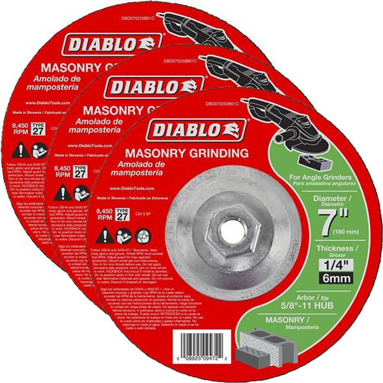 Diablo Genuine 3 Pack of 7 in. Masonry Grinding Disc - Type 27 HUB DBD070250B01C-3PK