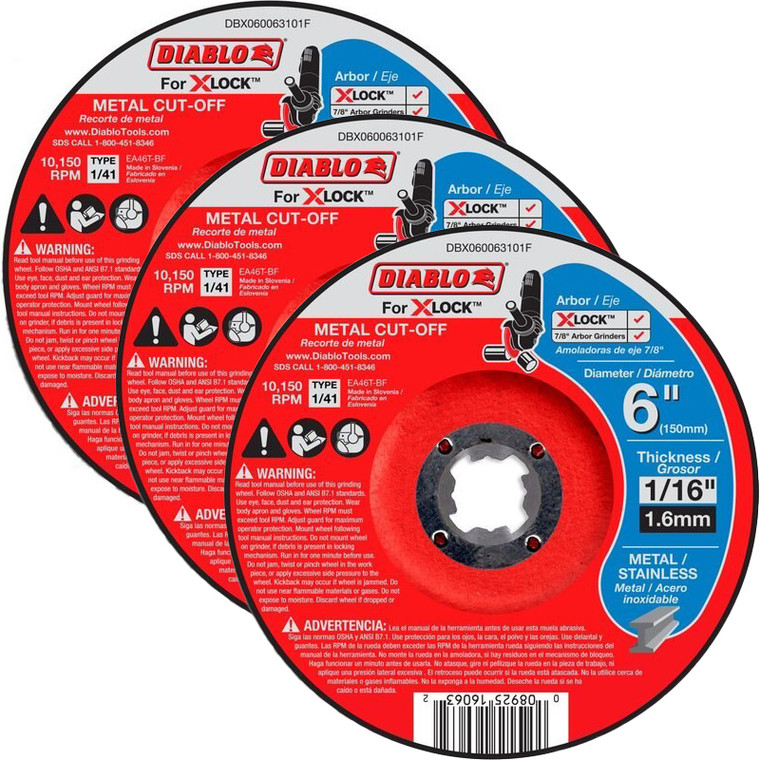 Diablo 3 Pack of 6 in. Type 1/41 Metal Cut-Off Disc For X-Lock And All Grinders DBX060063101F-3PK