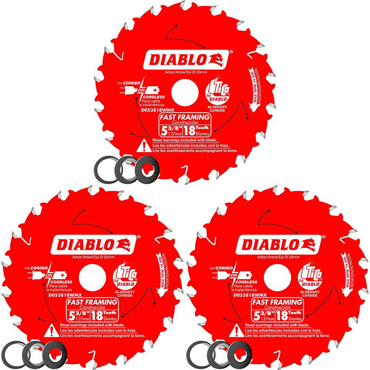 Diablo Genuine 3 Pack of 5-3/8 in. X 18 Tooth Fast Framing Saw Blade D053818WMX-3PK