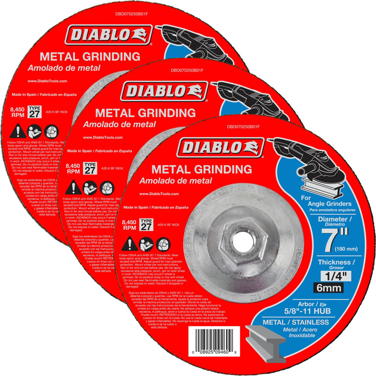 Diablo Genuine 3 Pack of 7 in. Metal Grinding Disc - Type 27 HUB DBD070250B01F-3PK