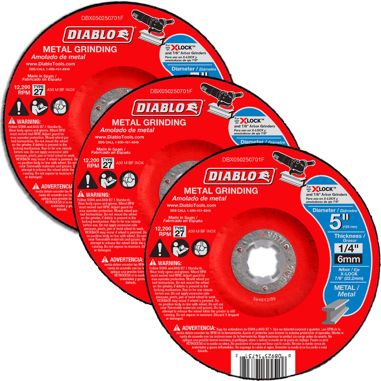 Diablo 3 Pack of 5 in. Type 27 Metal Grinding Disc For X-Lock And All Grinders DBX050250701F-3PK