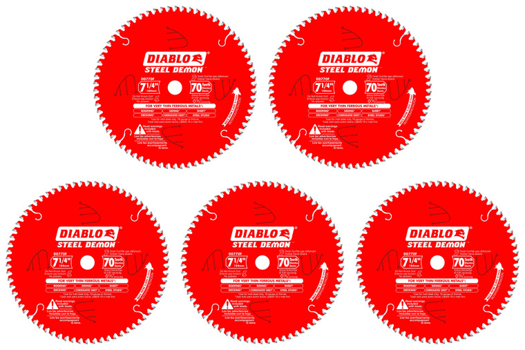 Diablo 5 Pack of 7-1/4 in. X 70 Tooth Steel Demon Carbide-Tipped Saw Blade For Metal D0770FA-5PK