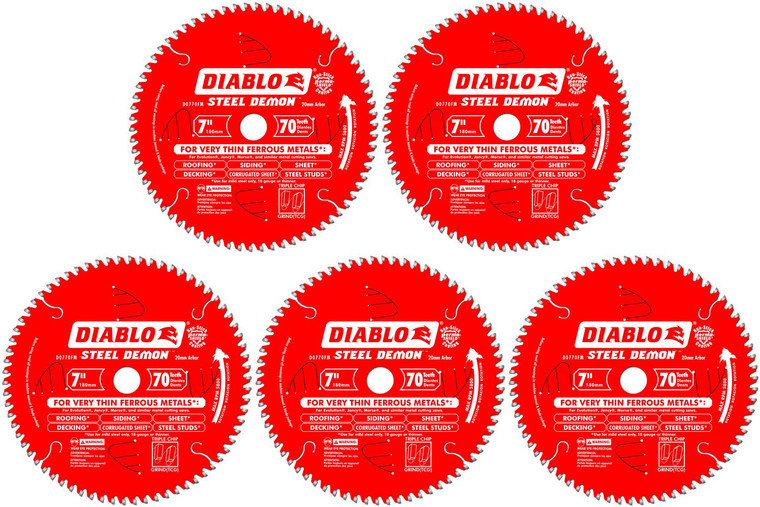 Diablo 5 Pack of 7-1/4 in. X 70 Tooth Steel Demon Saw Blade For Metal (20mm Arbor) D0770FM-5PK
