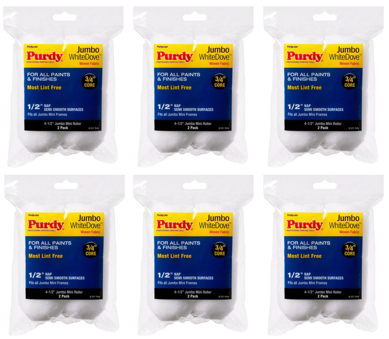 Genuine Purdy 6 Sets of White Dove Jumbo Mini 4-1/2" x 1/2" Nap 2 Pack Roller Covers 140624013-6PK
