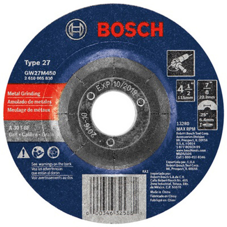 Bosch Genuine 4-1/2" 1/4" 7/8" Arbor Type 27 30 Grit Grinding Abrasive Wheel - GW27M450