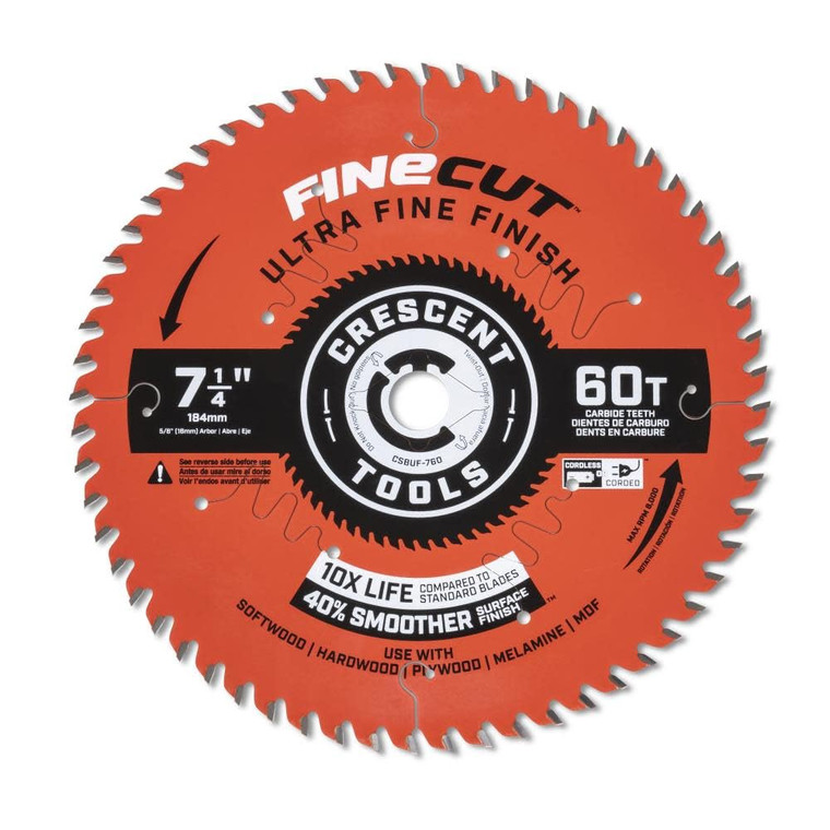 Crescent Genuine OEM 7-1/4" x 60-Tooth FineCut Ultra Fine Finishing Circular Saw Blade - CSBUF-760