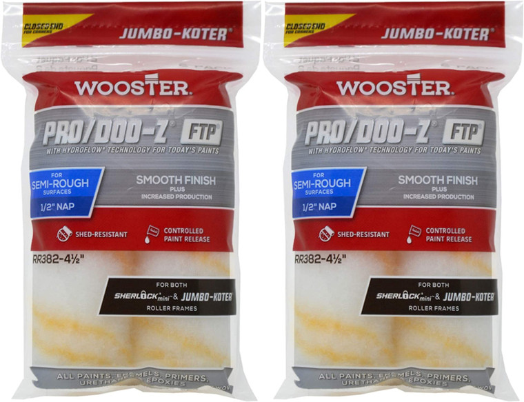 Wooster 4.5" Jumbo-Koter Pro/Doo-Z FTP 1/2" Nap Closed-End 2 Sets Of 2-Pack Roller Cover # RR382-4.5-2PK