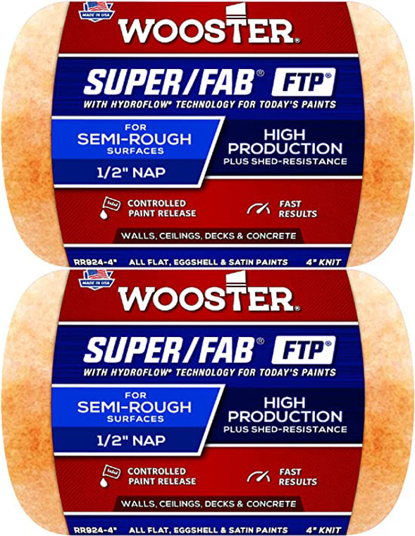 Wooster Genuine 4" Super/Fab FTP 1/2" Nap Roller Cover 2-Pack, RR924-4-2PK