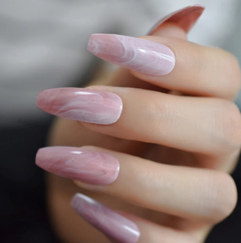 24pc Mauve Pink Marble Long Coffin Full Cover Press on nails
