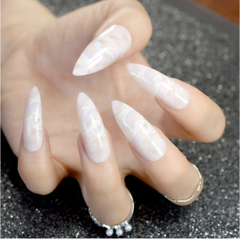 24pc White Marble Stiletto Full Cover Press on nails 