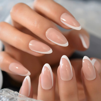 24pc Side French Almond Full Cover French Tips Press on Nails