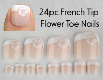 24pc Full Cover French Tips Short Square Flower Toe Nails Press on Nails 