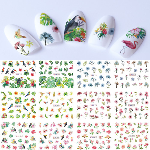 Water Decal Nail Stickers - Tropical Birds Flowers