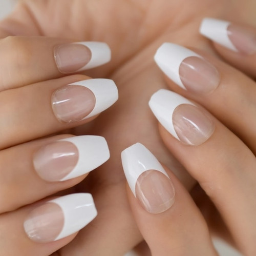 24pc Long French  Tip Mid Coffin Full Cover French Tips