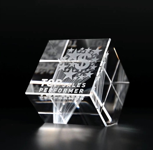3D Crystal Edge Cut Cube Paperweight | Custom Laser Etched & Engraved Glass | Personalized Corporate Employee Recognition Trophy Award