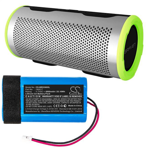 Battery for Braven Stryde 360 180017 Speaker CS-BRS360XL 3.7v 6800mAh 25.16Wh Battery for Braven Stryde 360 180017 Speaker CS-BRS360XL 3.7v 6800mAh 25.16Wh