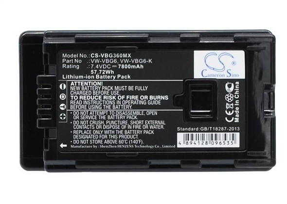 Battery for Panasonic AG-HMC40 VW-VBG6 VW-VBG6GK VW-VBG6-K VW-VBG6PPK 7800mAh