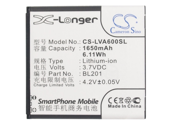 Battery for Lenovo A60+ BL201 Mobile SmartPhone CS-LVA600SL 3.7v 6.11Wh X-Longer