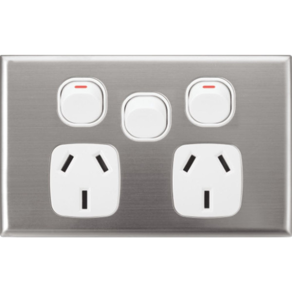 Double Power Point With Extra Switch Slim Range Stainless Steel Cover Aluminium - Dexton