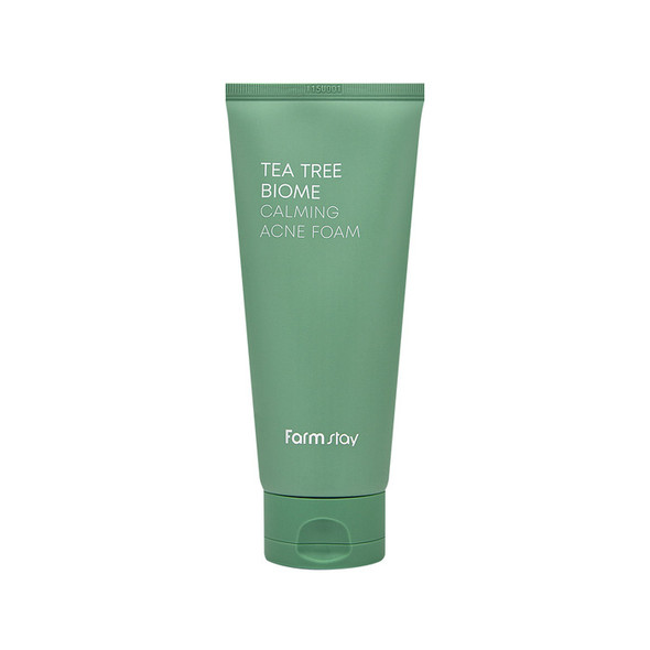 tea tree biome calming acne foam, acne cleanser, acne foam, tea tree, farmstay, lares per aknet, akne, trajtues aknesh, pucrra, lares, lares fytyre